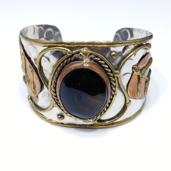 Brown Gemstone Mixed Metal Handmade Cuff Bracelet, 6 3/8 Inches - Picture 5 of 10